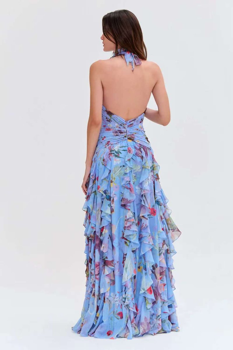 Floral Ruffle Halter Maxi Dress H6710