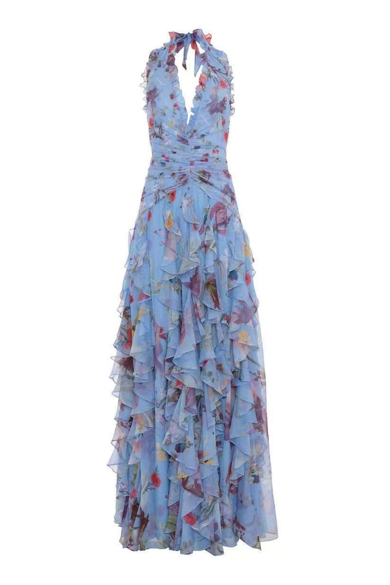 Floral Ruffle Halter Maxi Dress H6710