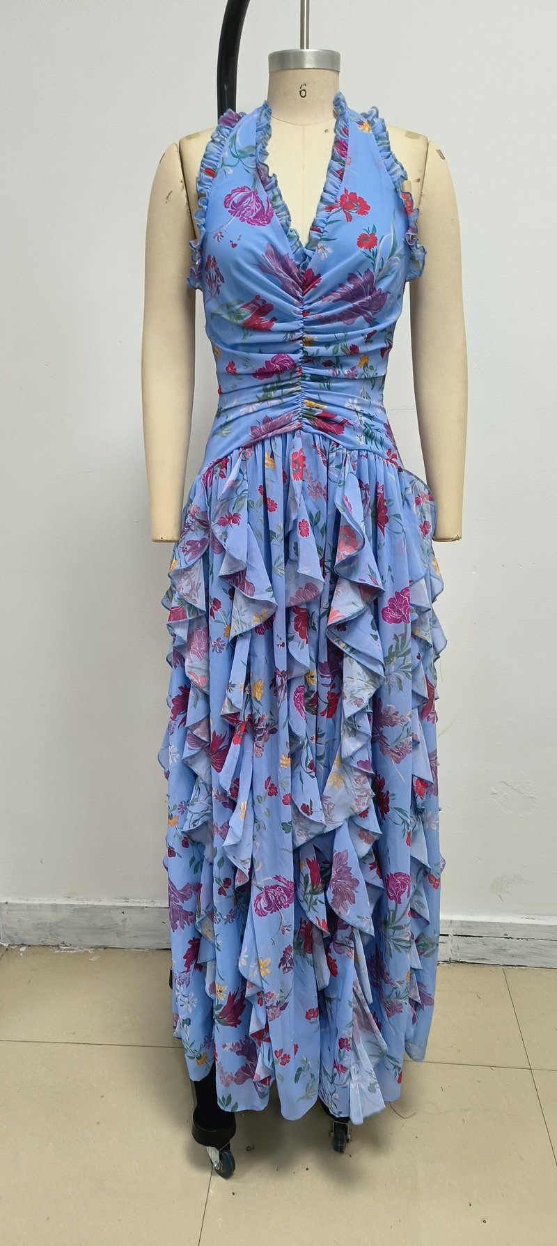 Floral Ruffle Halter Maxi Dress H6710