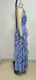 Floral Ruffle Halter Maxi Dress H6710