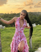 Floral Ruffle Halter Maxi Dress H6710