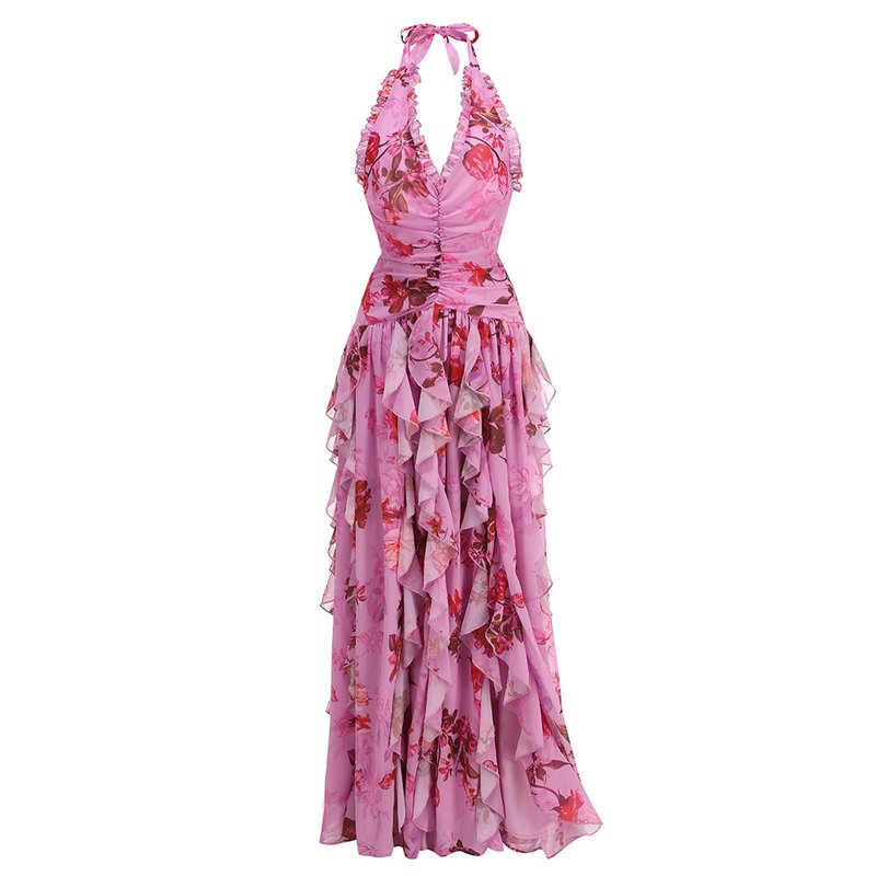 Floral Ruffle Halter Maxi Dress H6710