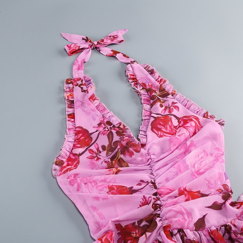 Floral Ruffle Halter Maxi Dress H6710