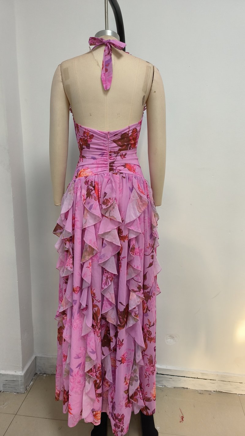 Floral Ruffle Halter Maxi Dress H6710
