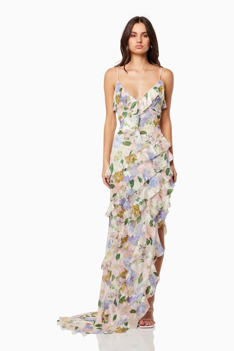 Floral Ruffle Spaghetti Strap Maxi Dress H6353