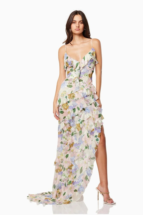 Floral Ruffle Spaghetti Strap Maxi Dress H6353