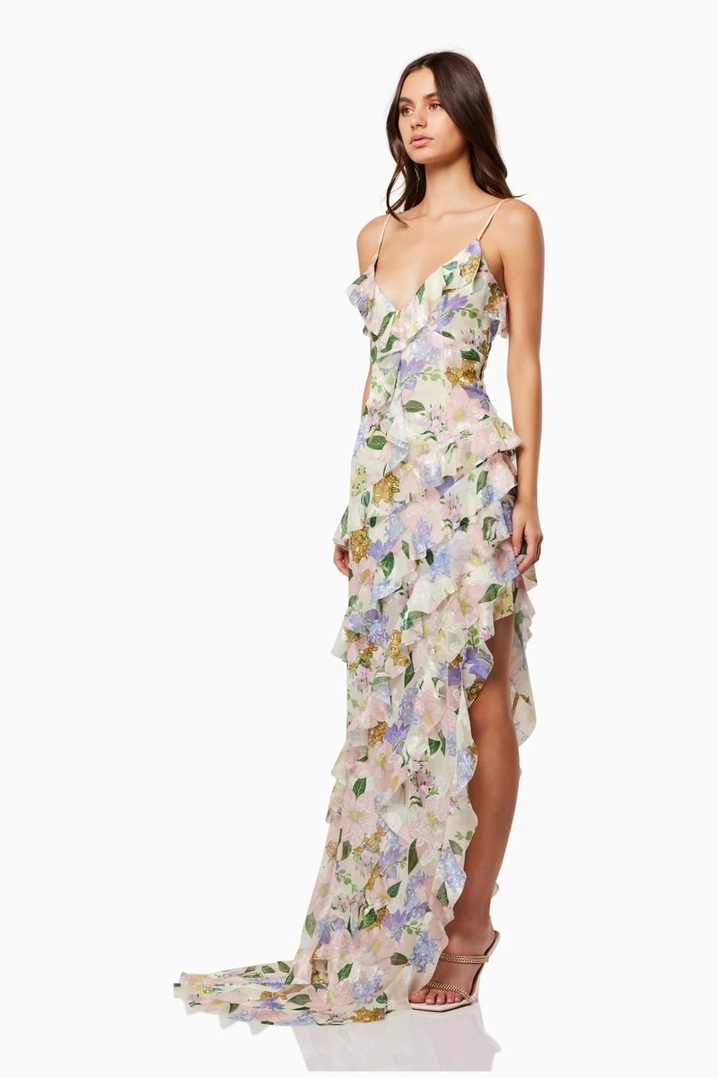Floral Ruffle Spaghetti Strap Maxi Dress H6353