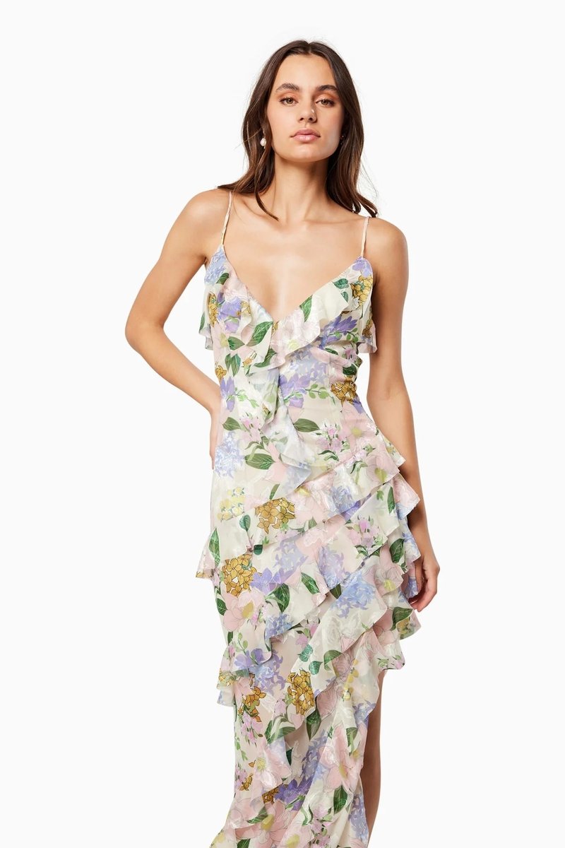 Floral Ruffle Spaghetti Strap Maxi Dress H6353