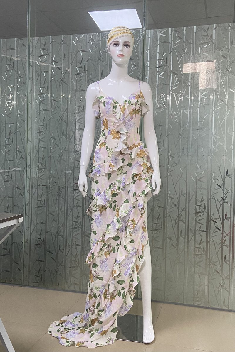 Floral Ruffle Spaghetti Strap Maxi Dress H6353