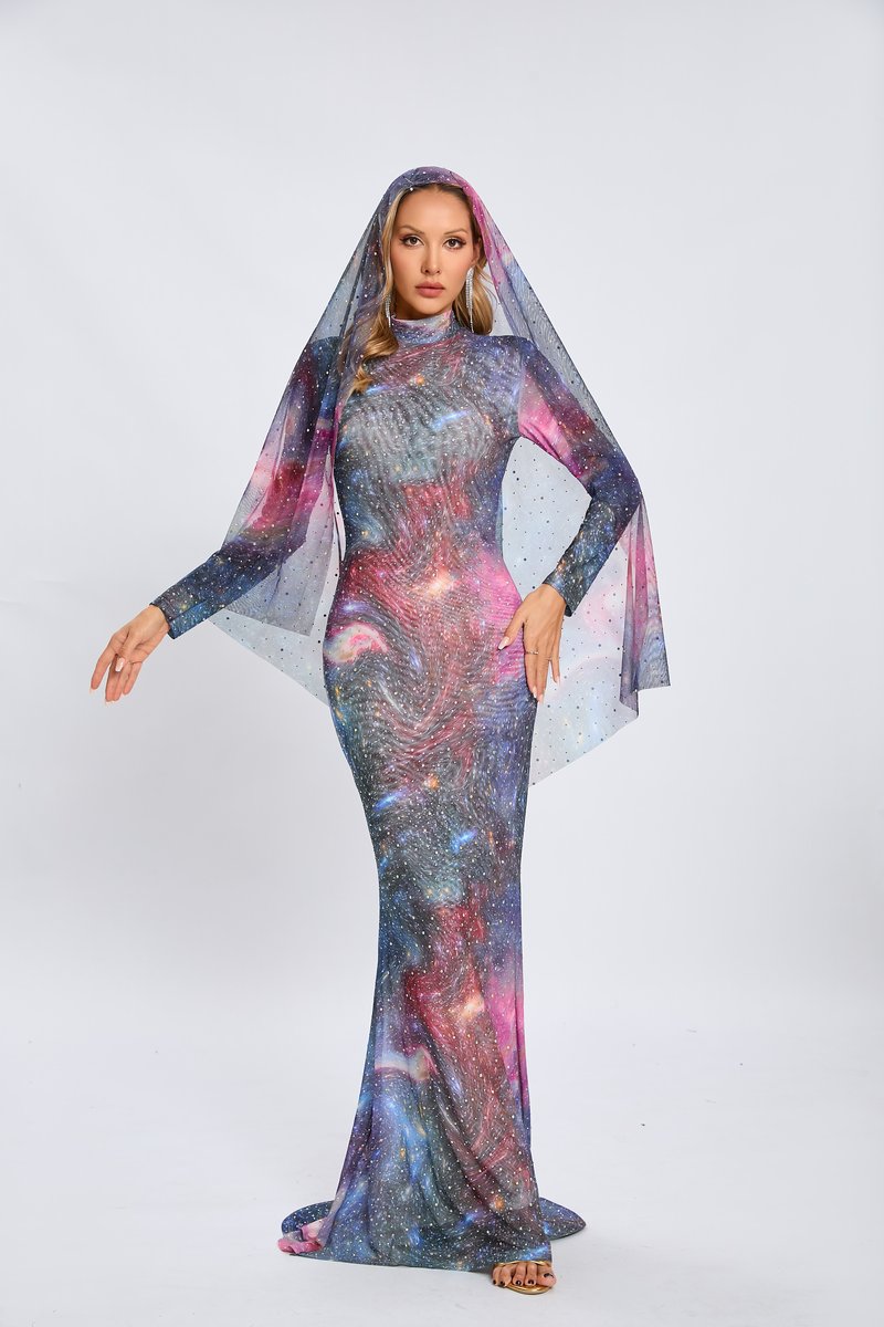 Galaxy Print Long Sleeve Mermaid Dress H6557