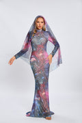 Galaxy Print Long Sleeve Mermaid Dress H6557