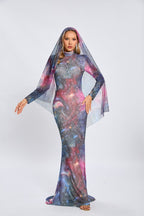 Galaxy Print Long Sleeve Mermaid Dress H6557