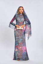 Galaxy Print Long Sleeve Mermaid Dress H6557