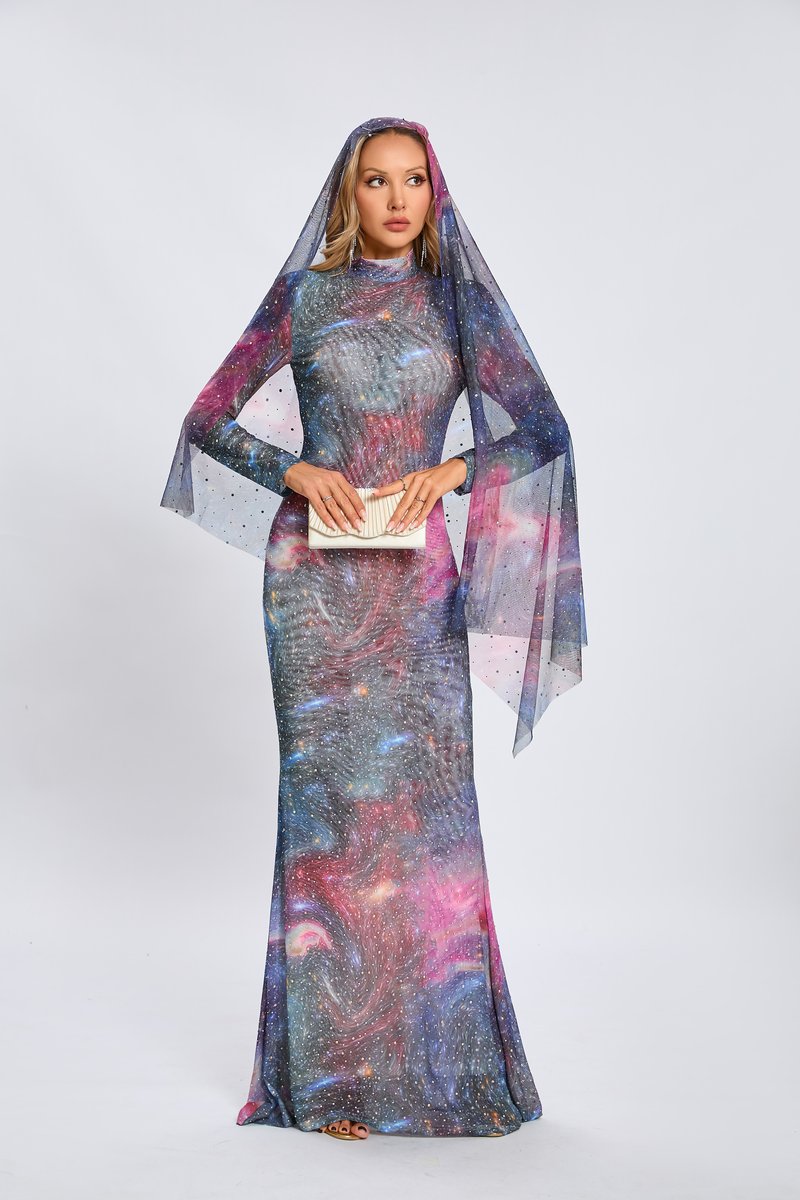 Galaxy Print Long Sleeve Mermaid Dress H6557