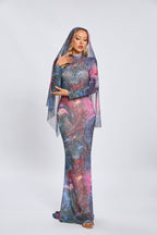 Galaxy Print Long Sleeve Mermaid Dress H6557