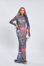 Galaxy Print Long Sleeve Mermaid Dress H6557