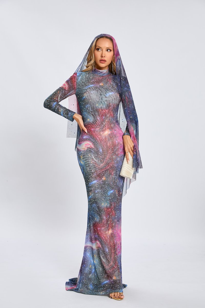 Galaxy Print Long Sleeve Mermaid Dress H6557
