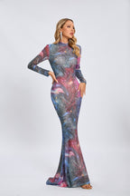 Galaxy Print Long Sleeve Mermaid Dress H6557