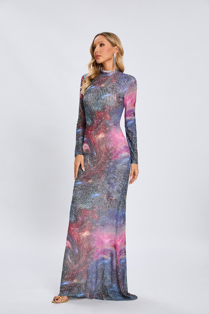 Galaxy Print Long Sleeve Mermaid Dress H6557