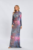 Galaxy Print Long Sleeve Mermaid Dress H6557