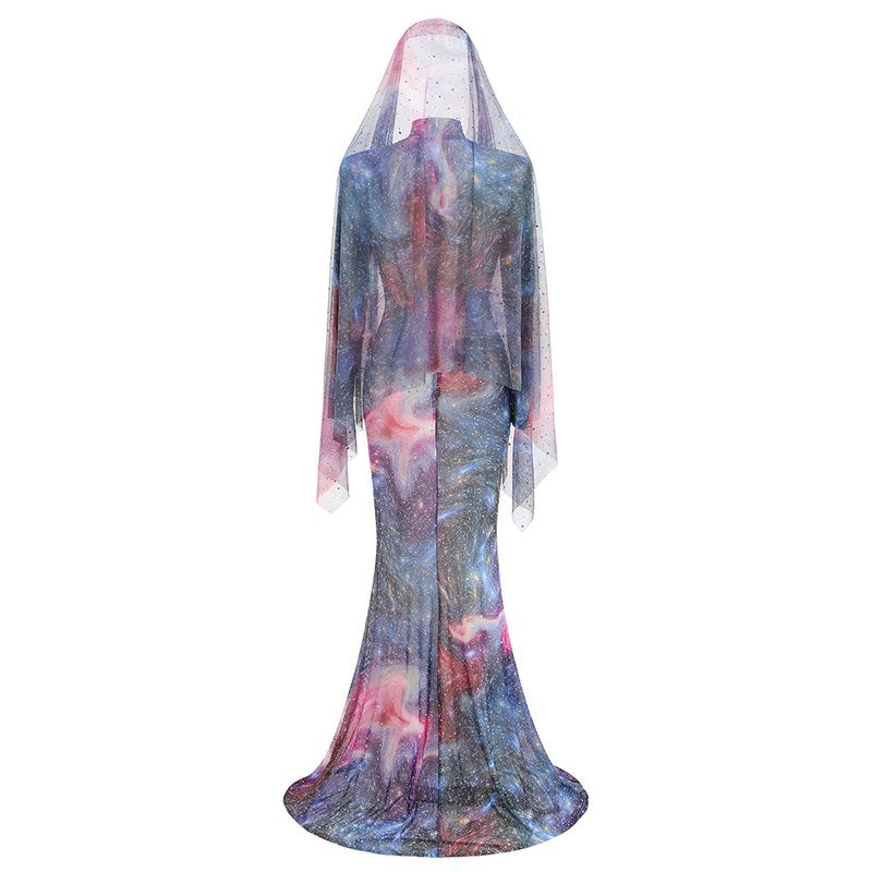 Galaxy Print Long Sleeve Mermaid Dress H6557