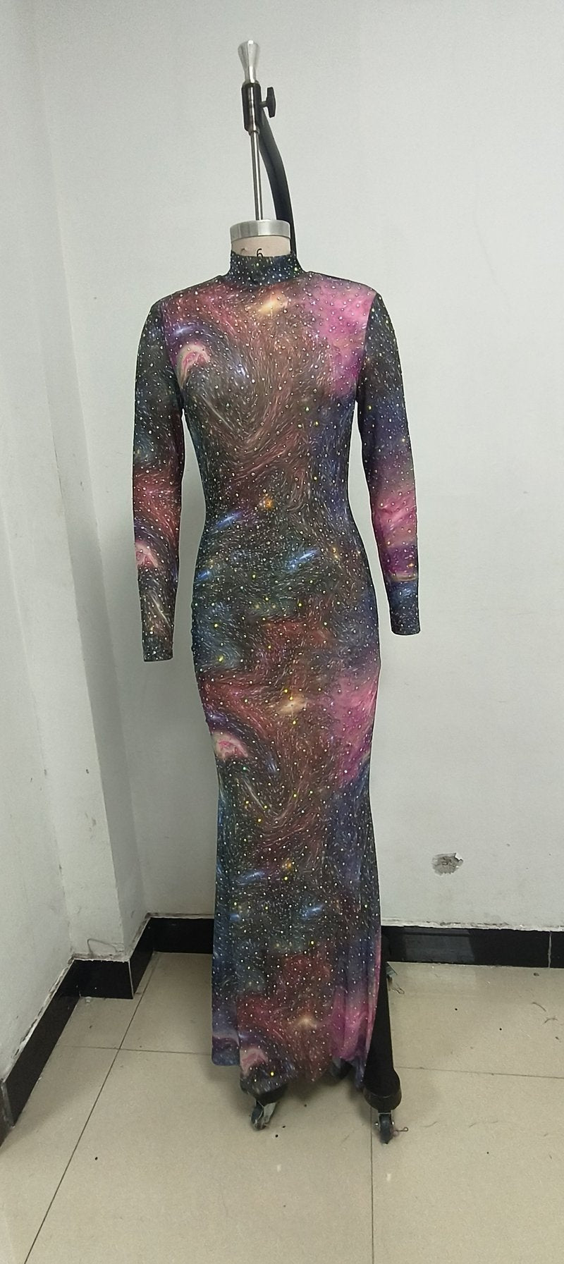Galaxy Print Long Sleeve Mermaid Dress H6557
