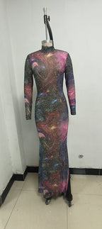 Galaxy Print Long Sleeve Mermaid Dress H6557