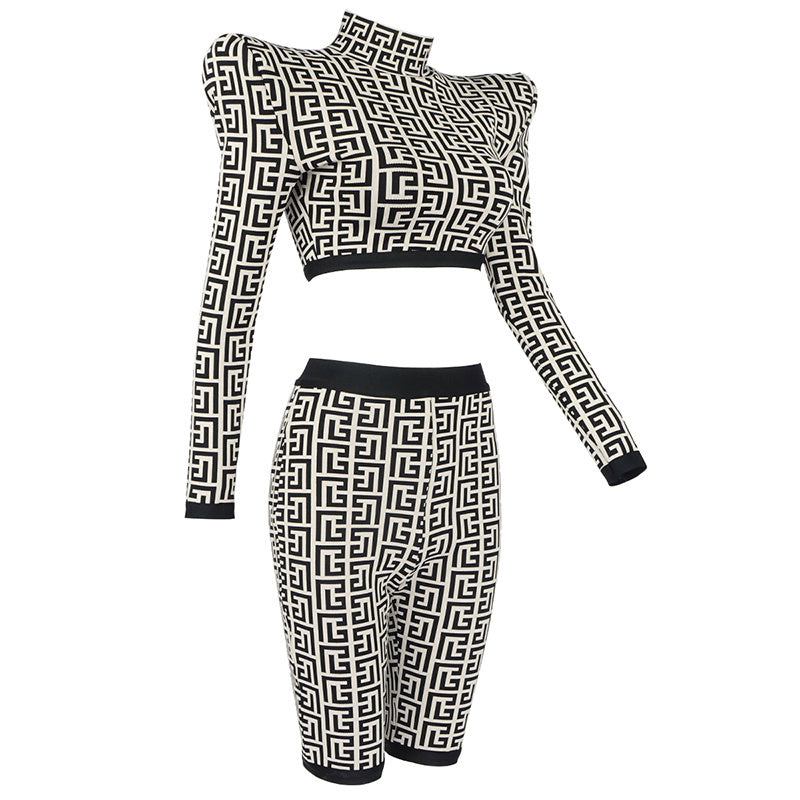 Geometric Print Crop Top & Biker Shorts Set H3186