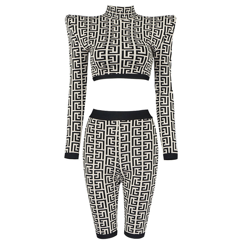 Geometric Print Crop Top & Biker Shorts Set H3186