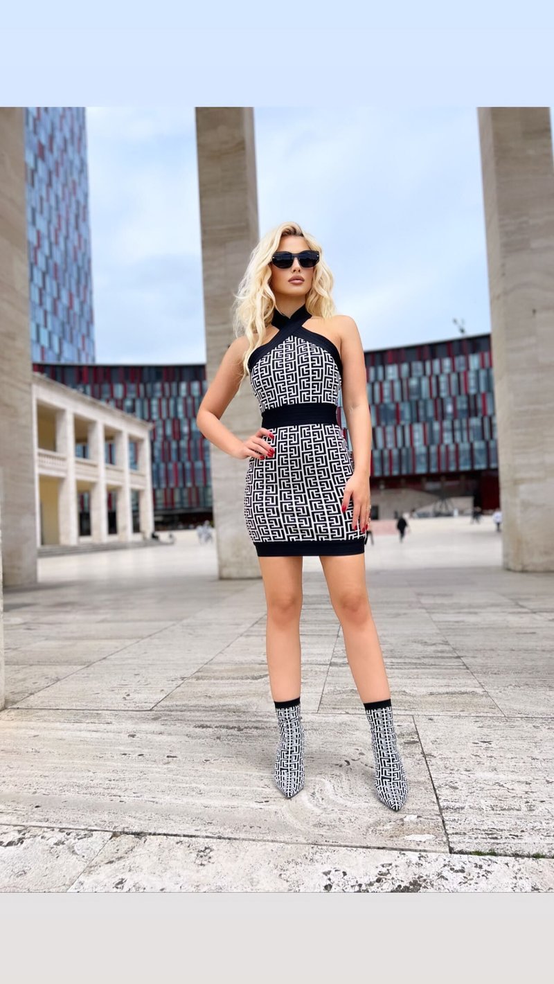 Geometric Print Halter Mini Dress H5709