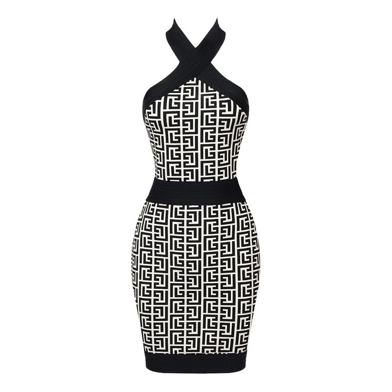 Geometric Print Halter Mini Dress H5709