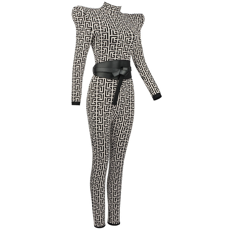 Geometric Print High-Neck Jumpsuit H3342