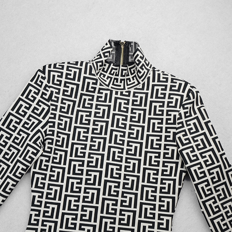 Geometric Print High Neck Mini Dress H3608