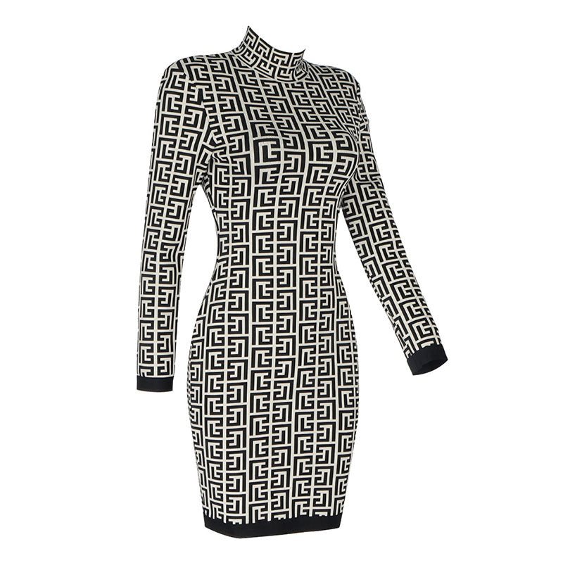 Geometric Print High Neck Mini Dress H3608