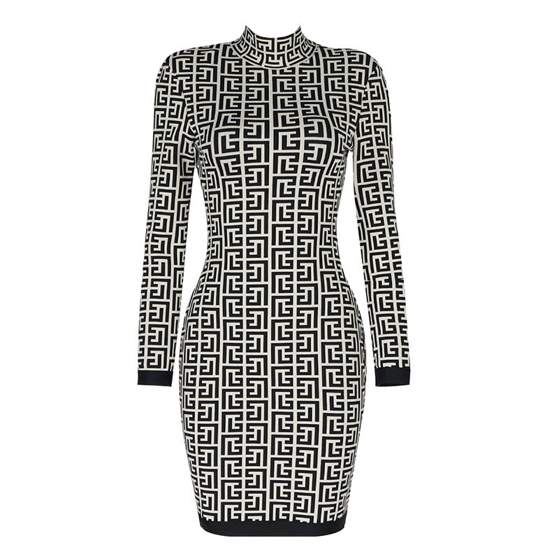 Geometric Print High Neck Mini Dress H3608