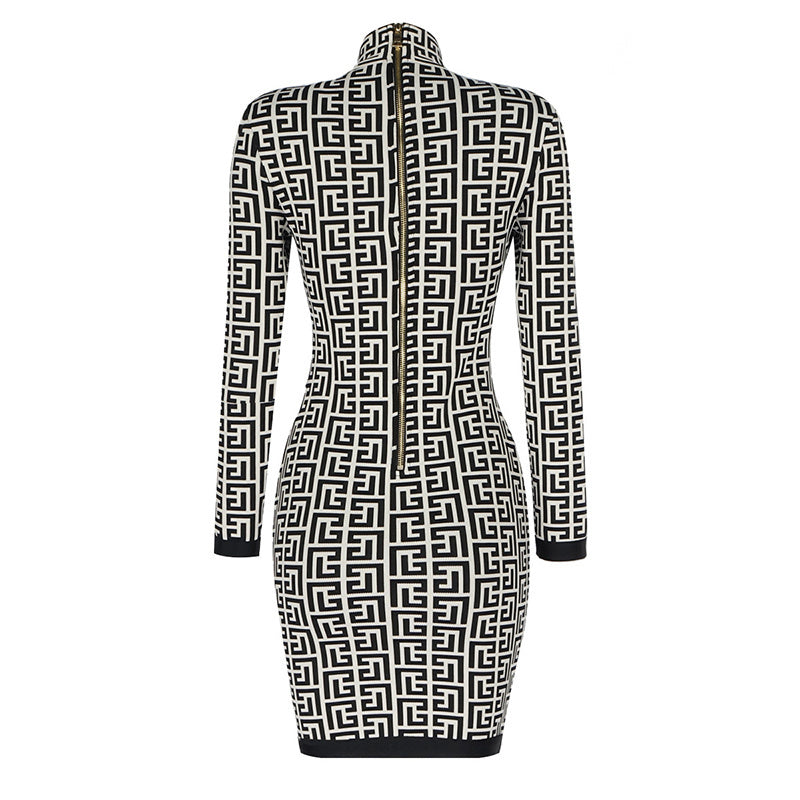 Geometric Print High Neck Mini Dress H3608
