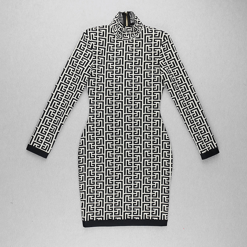Geometric Print High Neck Mini Dress H3608