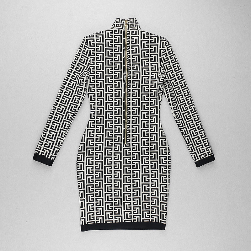 Geometric Print High Neck Mini Dress H3608