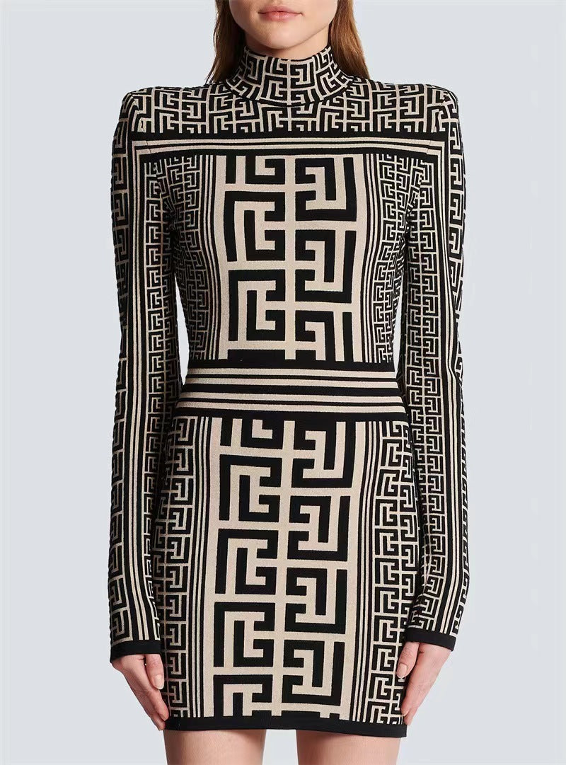 Geometric Print Turtleneck Mini Dress H6086