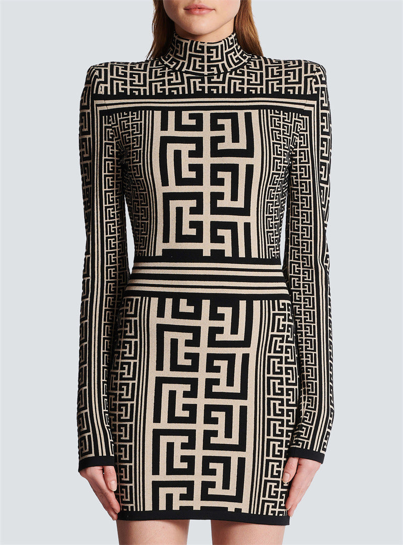 Geometric Print Turtleneck Mini Dress H6086