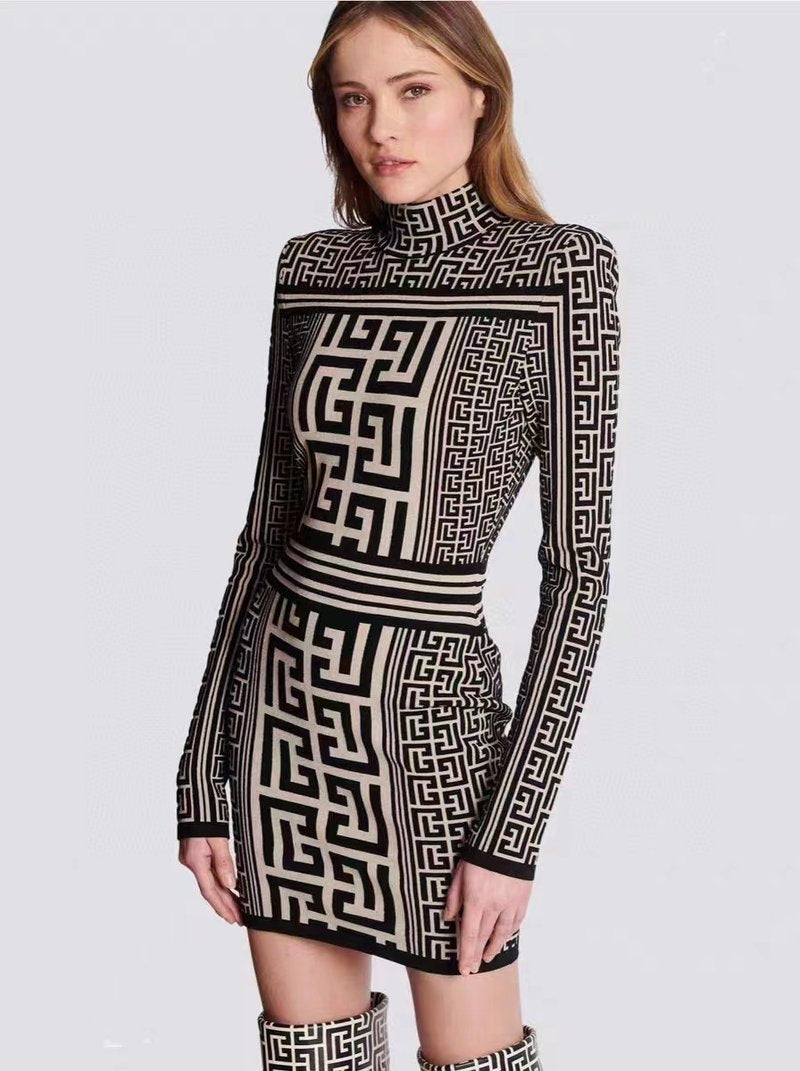 Geometric Print Turtleneck Mini Dress H6086