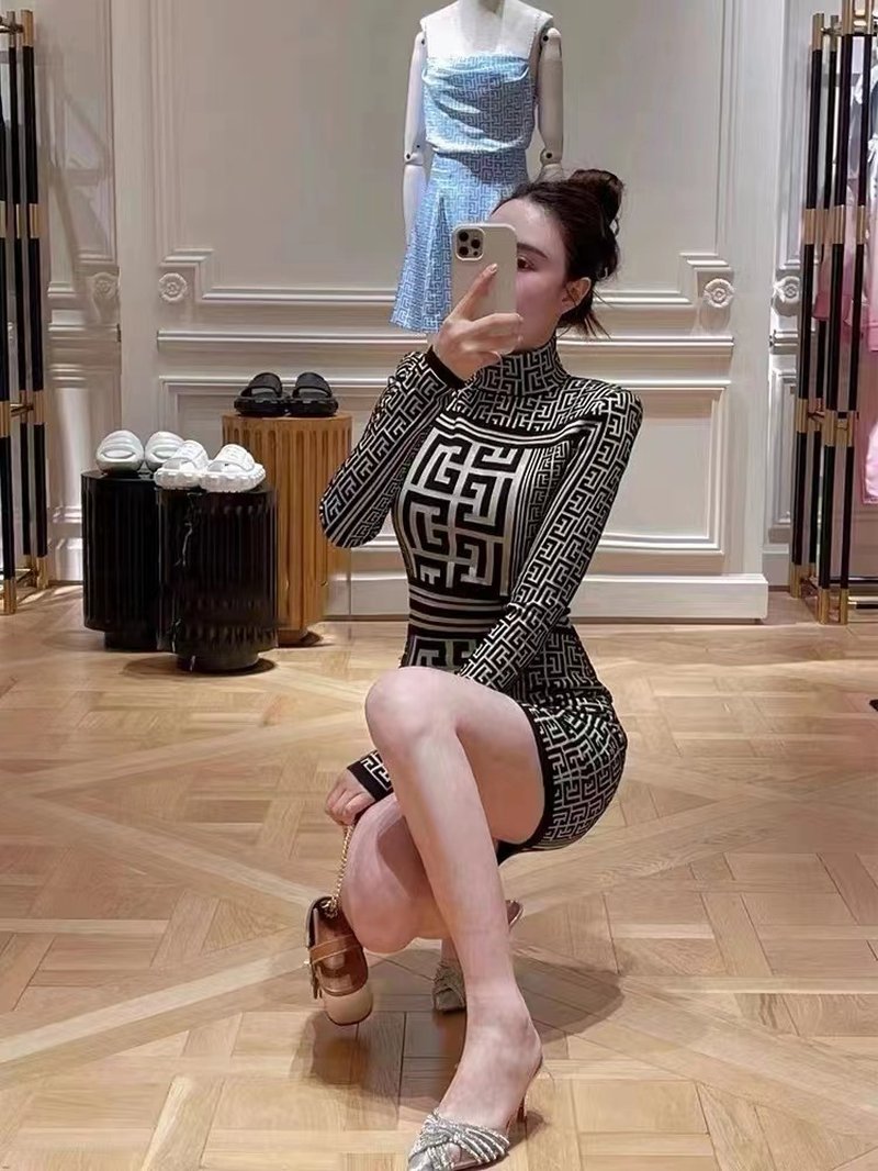 Geometric Print Turtleneck Mini Dress H6086