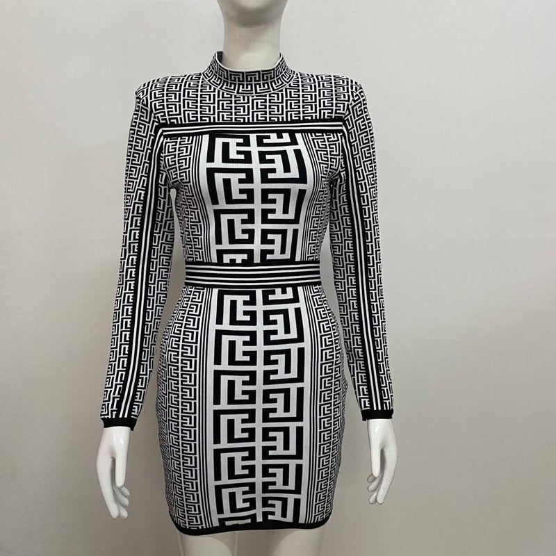 Geometric Print Turtleneck Mini Dress H6086