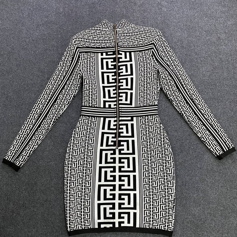 Geometric Print Turtleneck Mini Dress H6086