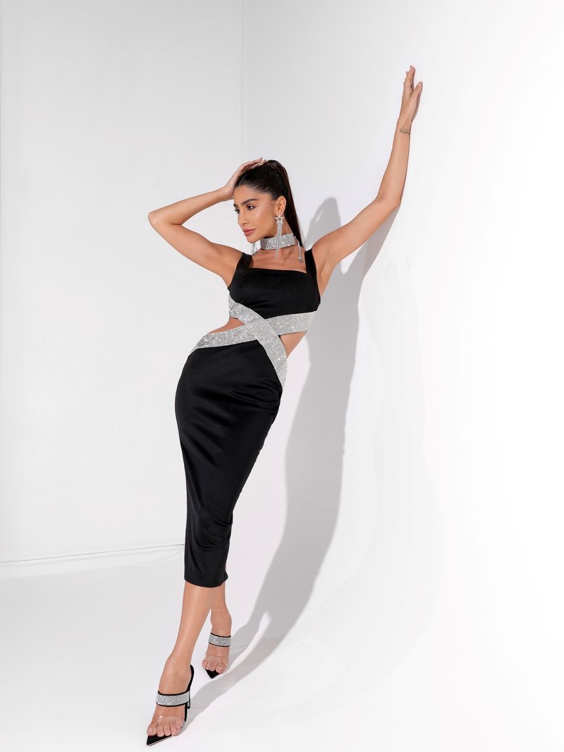 Glitter Cutout Bandage Midi Dress H6209