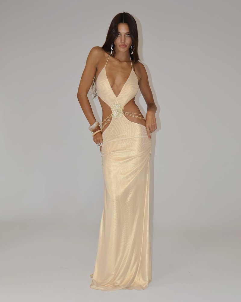 Gold Cutout Halter Maxi Dress H7021
