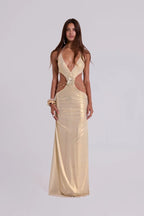 Gold Cutout Halter Maxi Dress H7021