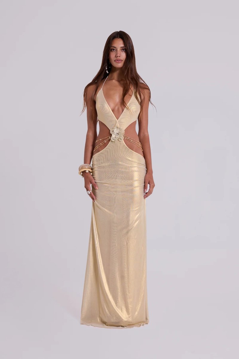 Gold Cutout Halter Maxi Dress H7021