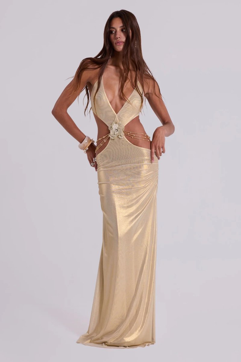 Gold Cutout Halter Maxi Dress H7021