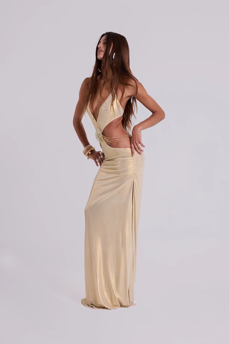 Gold Cutout Halter Maxi Dress H7021